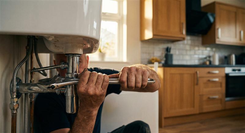 Professional plumber repairing kitchen sink faucet